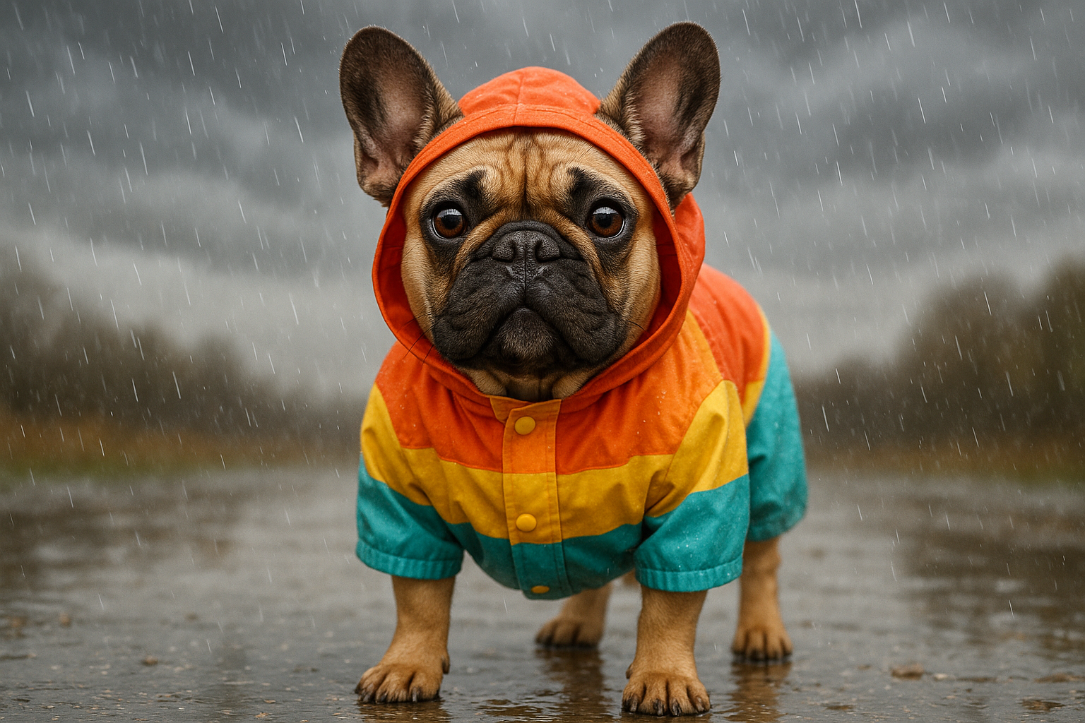 Can you add raincoat to French Bull dog and make the background a rainy day